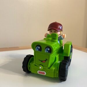 Fisher-Price Green Toy Tractor with Red-Brown Driver Hat Boy